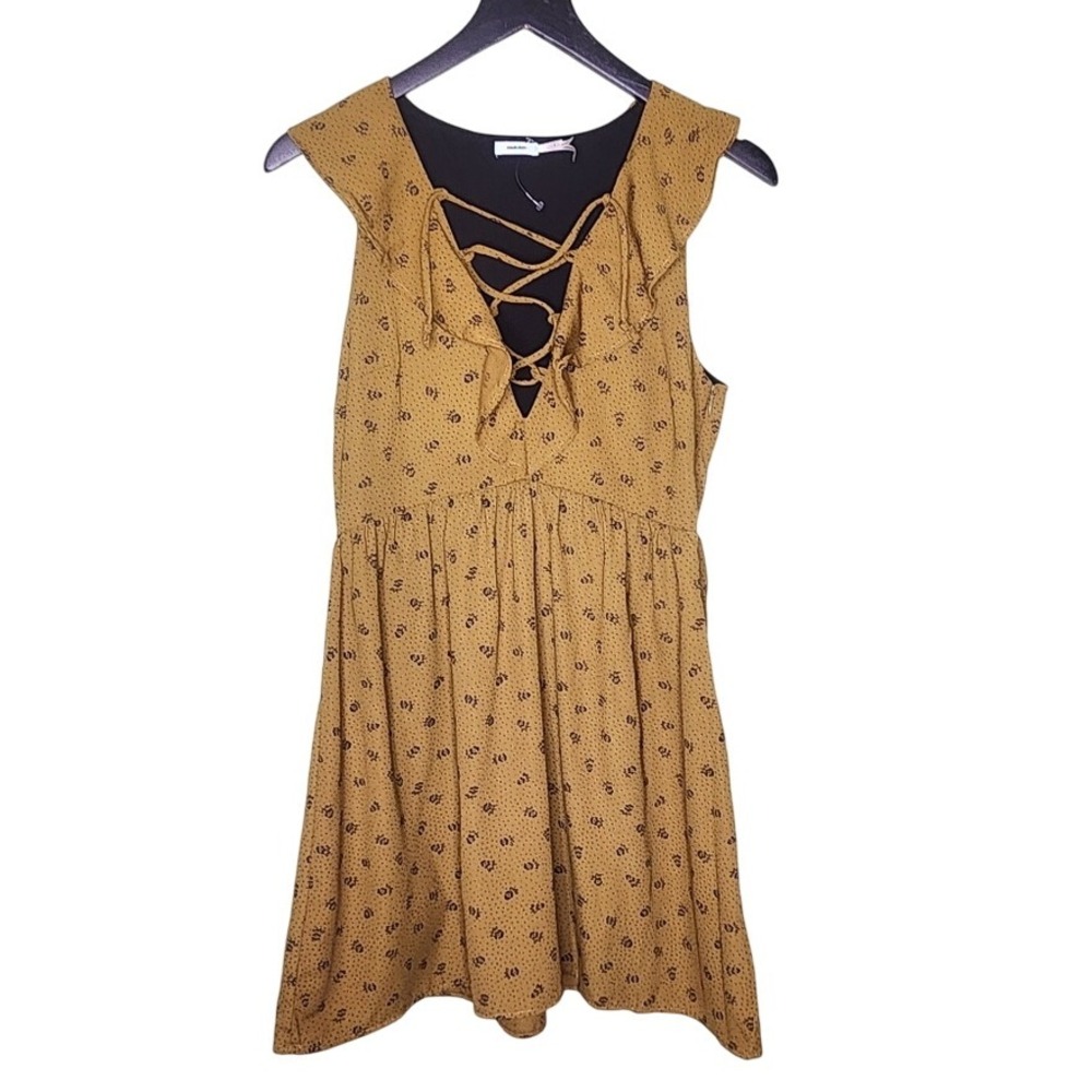 Kimchi Blue Lace Up Sleeveless Dress Floral Olive Green Ruffle Short Casual 2